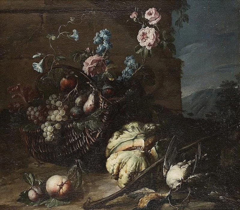 Candido - Natura morta con frutta, fiori, melone e volatili